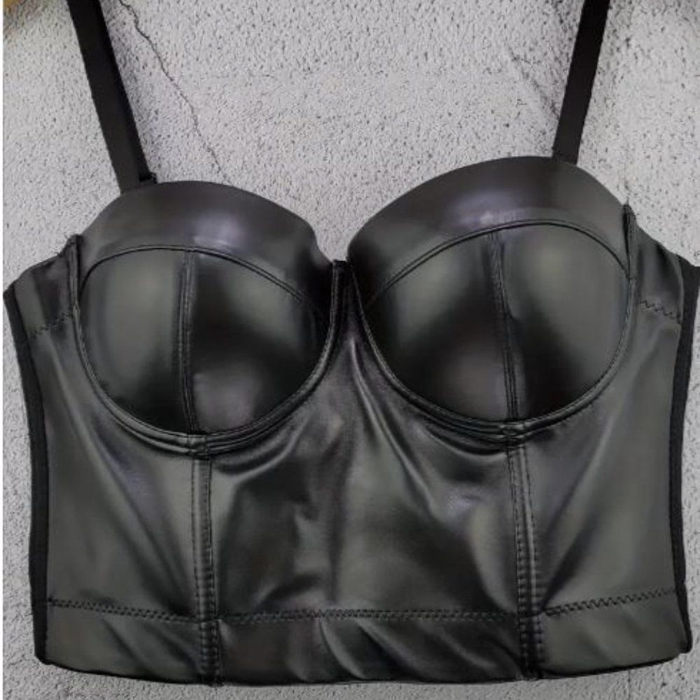 Women's Faux Leather Bustier Spaghetti Strap Top, size L runs small